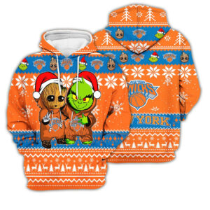 New York Knicks Baby Groot And Grinch Best Friends Ugly Hoodie, NBA Gift For Fan