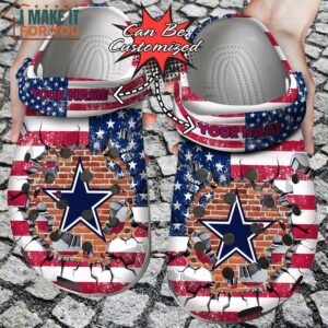 Personalized Dallas Cowboys American Flag Breaking Wall Crocs, Cowboys Gift for Fan
