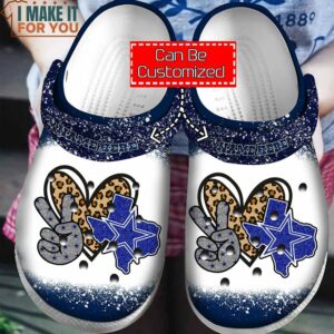 Personalized Dallas Cowboys Peace Love Glitter Leopard Crocs, Dallas Cowboys Crocband Clog