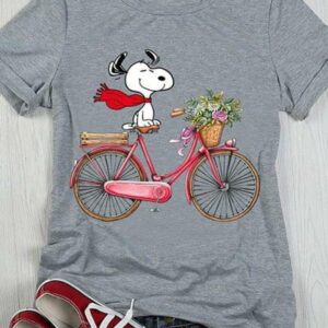 Snoopy Bicycle Flowers Cute Design For People Loves Snoopy Movies T-Shirt