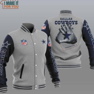 NFL Dallas Cowboys Grey Football Receiver Gloves Baseball Jacket, Dallas Cowboys Gifts for Game Day