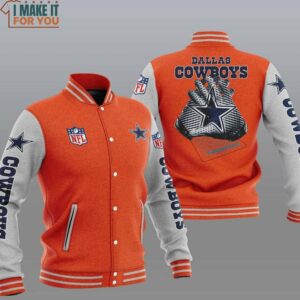 NFL Dallas Cowboys Orange Grey Football Receiver Gloves Baseball Jacket, Dallas Cowboys Gifts for Superfans