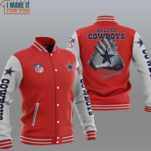 NFL Dallas Cowboys Red Grey Football Receiver Gloves Baseball Jacket, Affordable Cowboys Gifts