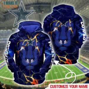 NFL Dallas Cowboys Custom Name One Nation Under God Blue Lion Thunder Zip Up Hoodie 3