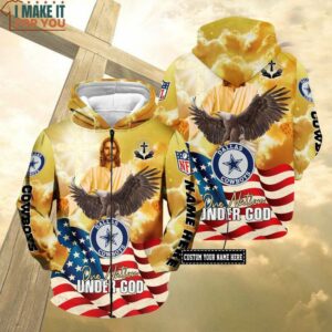 NFL Dallas Cowboys Custom Name One Nation Under God Jesus Eagle and Flag Zip Up Hoodie 2