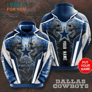 NFL Dallas Cowboys Custom Name Skull Fighting Star Logo Pullover Hoodie
