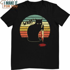 Cat What Shirt Funny Black Cat With Knife Vintage Halloween T-Shirt, Cute Spooky Gifts