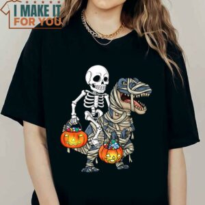 Halloween Skeleton Riding Mummy Dinosaur T Rex Funny Pumpkin T Shirt 2