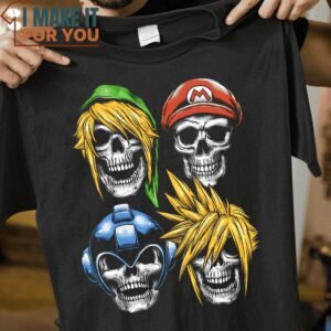 Skull Game Link Mario Mega Man and Cloud Strife Horror T-Shirt, Best Gifts for Halloween Lovers