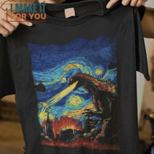 Starry God The Starry Night Godzilla Mashup T-Shirt, Funny Halloween Graphic Tees for Men