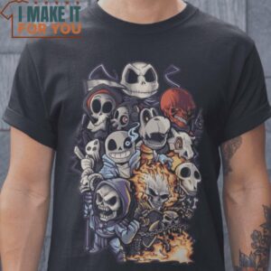 Skull Party Horror Characters T-Shirt, Vintage Halloween Tee for Men