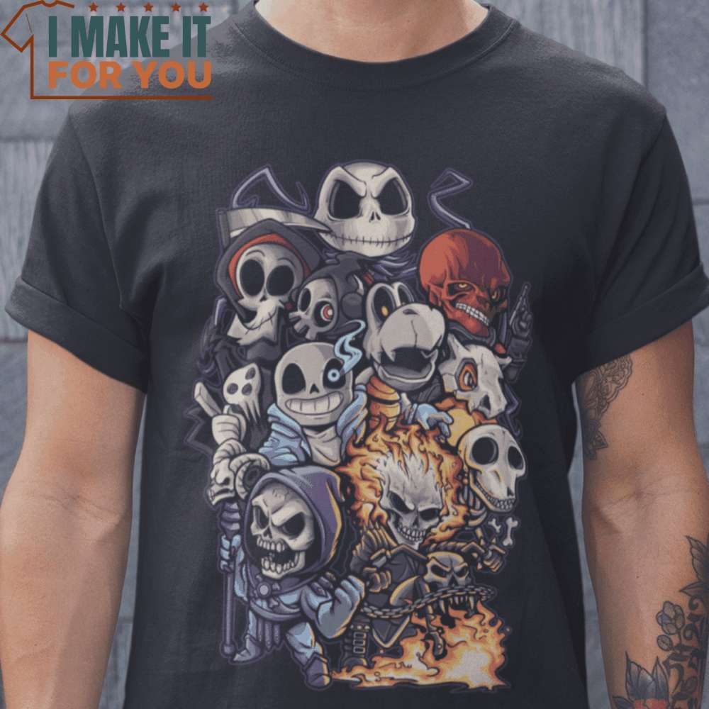 Skull Party Horror Characters T-Shirt, Vintage Halloween Tee for Men