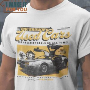 Doc Brown’s Used Cars Back to the Future T-Shirt, Vintage Halloween Graphic Tee Doc Brown’s Used Cars Back to the Future T-Shirt, Vintage Halloween Graphic Tee