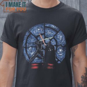Starry Battle Starry Night Luke Skywalker Darth Vader Star Wars T-Shirt, Retro Halloween Graphic Tee for Sale