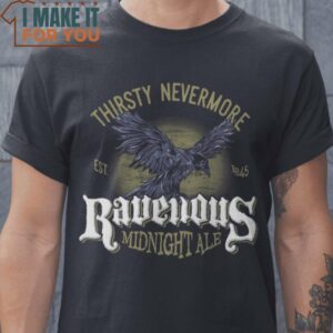 Ravenous Midnight Ale Edgar Allan Poe The Raven T-Shirt, Vintage Halloween Graphic Tee Mens
