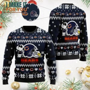 Chicago Bears Cute The Snoopy Show Football Helmet Ugly Christmas Sweater, Christmas Gifts for Chicago Bears Fans