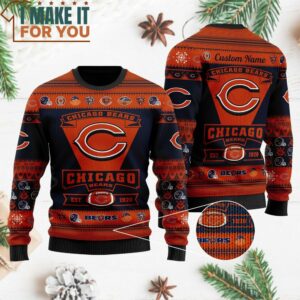 Chicago Bears Football Team Logo Custom Name Ugly Christmas Sweater, Christmas Gifts for Chicago Bears Fans