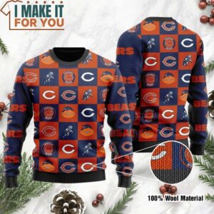 Chicago Bears Logo Checkered Flannel Design Ugly Christmas Sweater, Christmas Gifts for Chicago Bears Fans