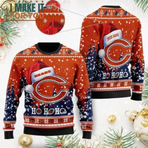 Chicago Bears Symbol Wearing Santa Claus Hat Ho Ho Ho Custom Name Ugly Christmas Sweater, Christmas Gifts for Chicago Bears Fans Chicago Bears Symbol Wearing Santa Claus Hat Ho Ho Ho Custom Name Ugly Christmas Sweater, Christmas Gifts for Chicago Bears Fans