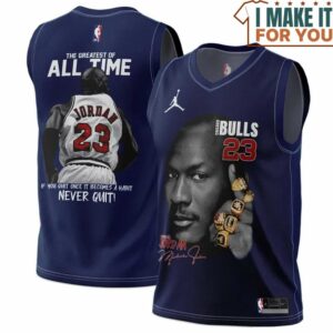 Michael Jordan GOAT 23 Nerver Quit Navi Chicago Bulls Signed Basketball Jersey, The Ultimate Gift for Any Jordan Fan