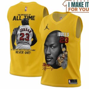 Michael Jordan GOAT 23 Nerver Quit Yellow Chicago Bulls Signed Basketball Jersey, The Ultimate Gift for Any Jordan Fan