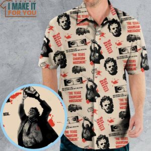Leatherface The Texas Chainsaw Massacre Horror Pattern Hawaiian Shirt, Horror Hawaiian Shirt Mens